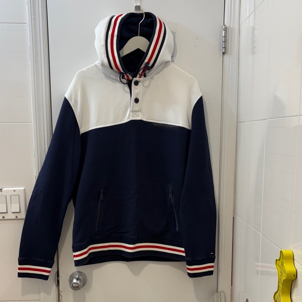 Tommy Hilfiger Navy and White Hooded Sweatshirt with Red Trim